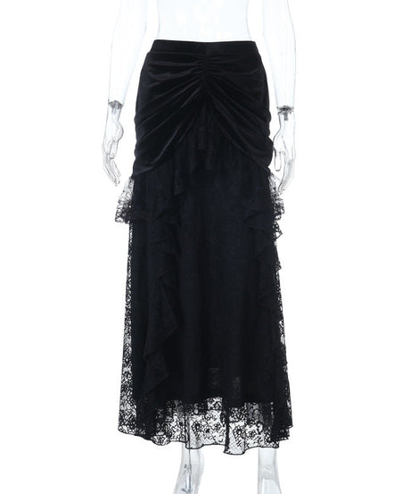 Enchanting Black Velvet & Lace Maxi Skirt - Gothic Elegance for Fall & Halloween