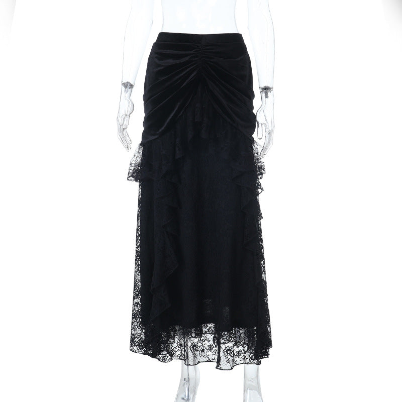 Enchanting Black Velvet & Lace Maxi Skirt - Gothic Elegance for Fall & Halloween