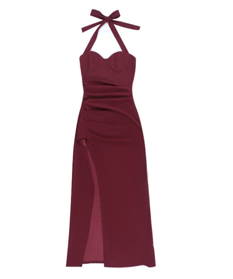 Stunning Burgundy Halter Maxi Dress with High Slit & Ruched Detail – Your Perfect Fall & Holiday Party Statement