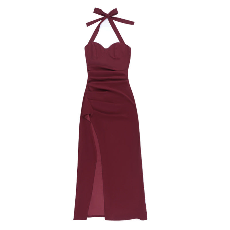 Stunning Burgundy Halter Maxi Dress with High Slit & Ruched Detail – Your Perfect Fall & Holiday Party Statement