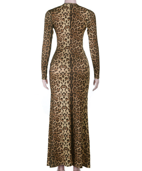 Fall Glamour: Twisted Front Leopard Print Maxi Dress - V-Neck Long Sleeve for Women
