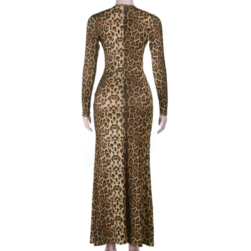 Fall Glamour: Twisted Front Leopard Print Maxi Dress - V-Neck Long Sleeve for Women