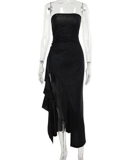Dazzling Black Sparkle Strapless Maxi Dress with High Slit & Ruffles | Holiday & NYE Glamour