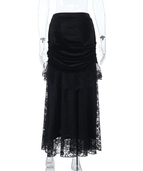 Enchanting Black Velvet & Lace Maxi Skirt - Gothic Elegance for Fall & Halloween