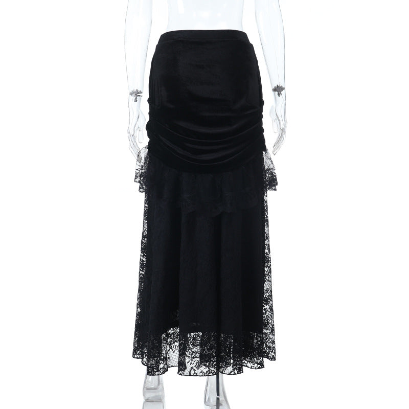 Enchanting Black Velvet & Lace Maxi Skirt - Gothic Elegance for Fall & Halloween