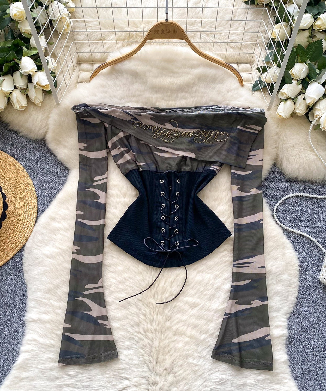 Fierce Fall Nights: 'Badass' Camo Corset Top - Edgy Off-Shoulder Lace-Up Long Sleeve
