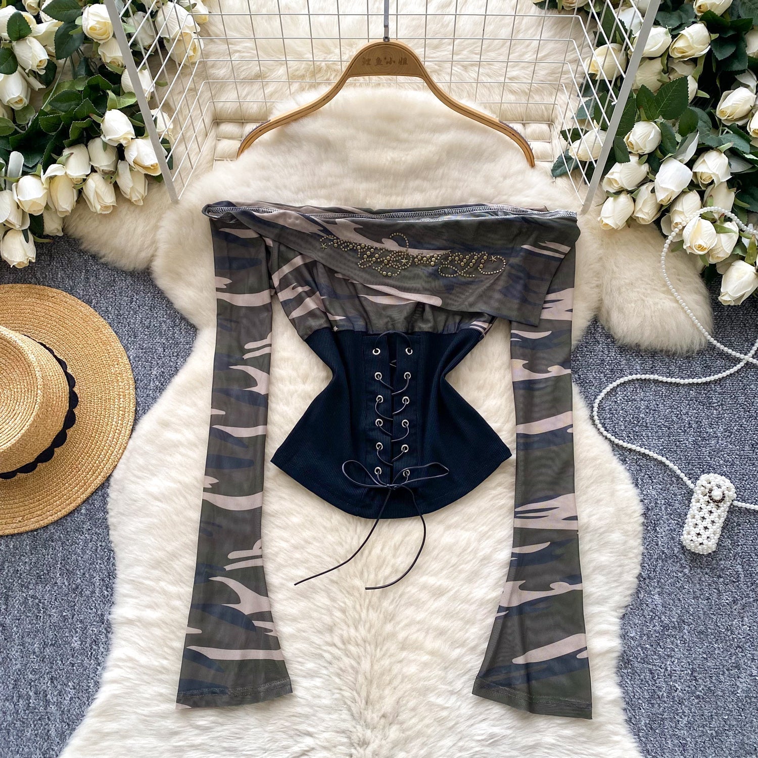 Fierce Fall Nights: 'Badass' Camo Corset Top - Edgy Off-Shoulder Lace-Up Long Sleeve