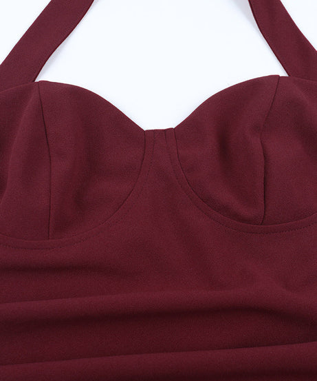 Stunning Burgundy Halter Maxi Dress with High Slit & Ruched Detail – Your Perfect Fall & Holiday Party Statement