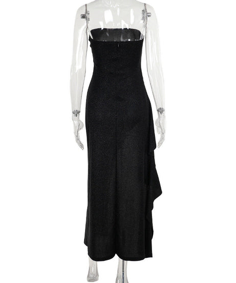 Dazzling Black Sparkle Strapless Maxi Dress with High Slit & Ruffles | Holiday & NYE Glamour