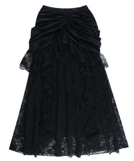 Enchanting Black Velvet & Lace Maxi Skirt - Gothic Elegance for Fall & Halloween
