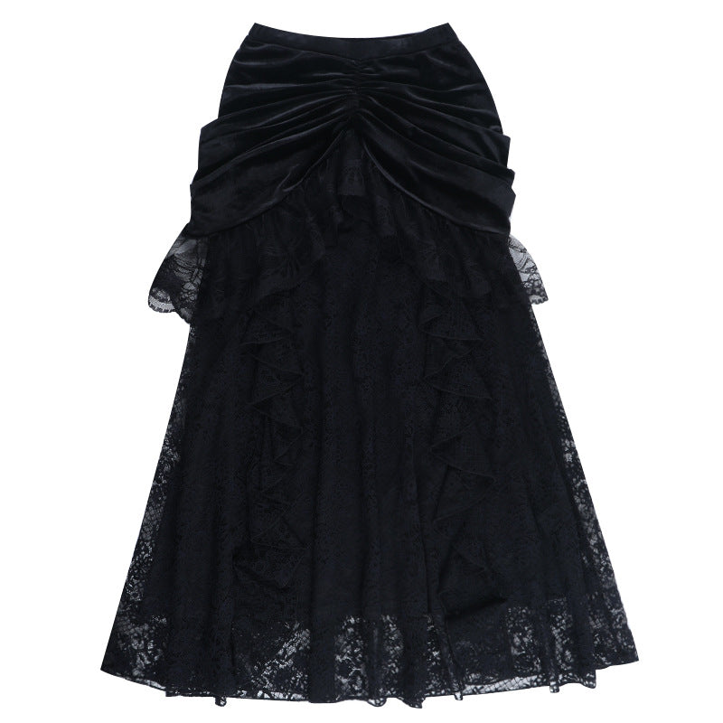 Enchanting Black Velvet & Lace Maxi Skirt - Gothic Elegance for Fall & Halloween