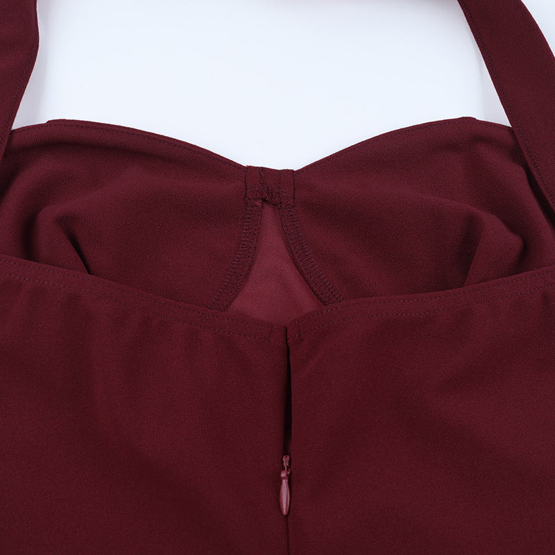Stunning Burgundy Halter Maxi Dress with High Slit & Ruched Detail – Your Perfect Fall & Holiday Party Statement