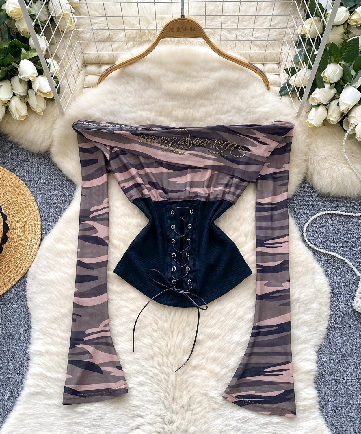 Fierce Fall Nights: 'Badass' Camo Corset Top - Edgy Off-Shoulder Lace-Up Long Sleeve