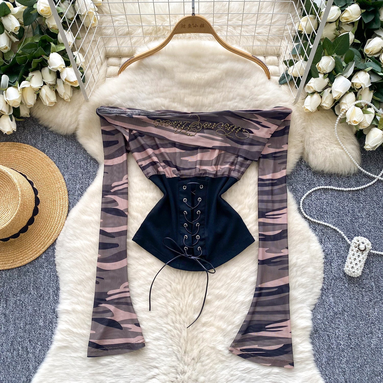 Fierce Fall Nights: 'Badass' Camo Corset Top - Edgy Off-Shoulder Lace-Up Long Sleeve