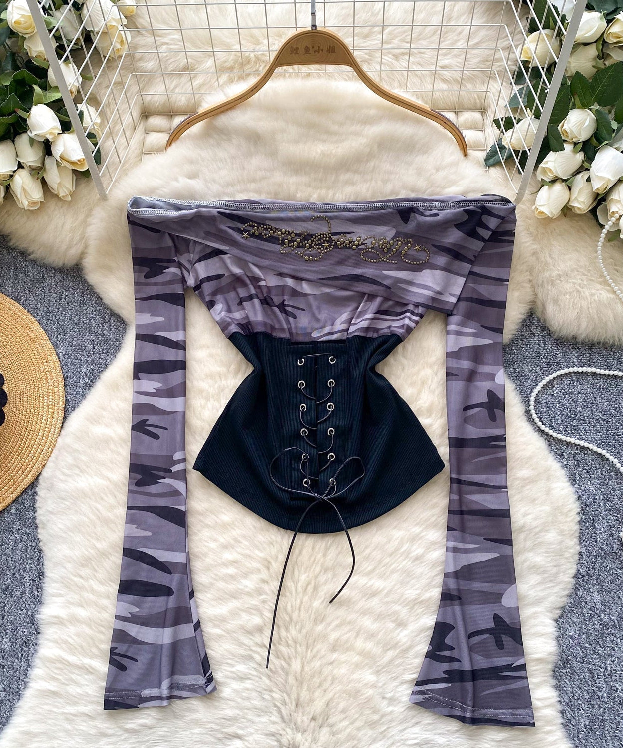 Fierce Fall Nights: 'Badass' Camo Corset Top - Edgy Off-Shoulder Lace-Up Long Sleeve