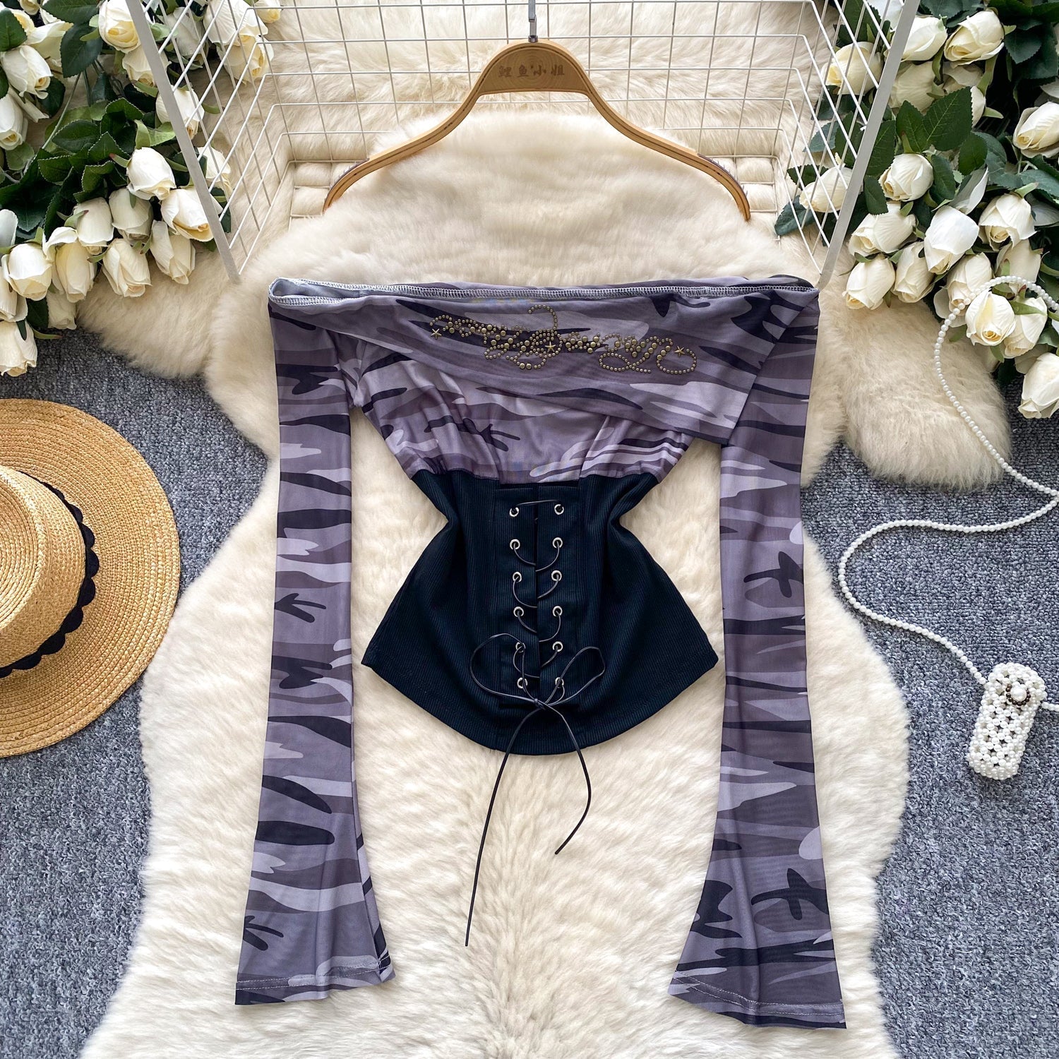 Fierce Fall Nights: 'Badass' Camo Corset Top - Edgy Off-Shoulder Lace-Up Long Sleeve