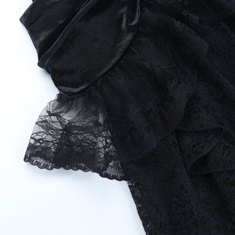 Enchanting Black Velvet & Lace Maxi Skirt - Gothic Elegance for Fall & Halloween