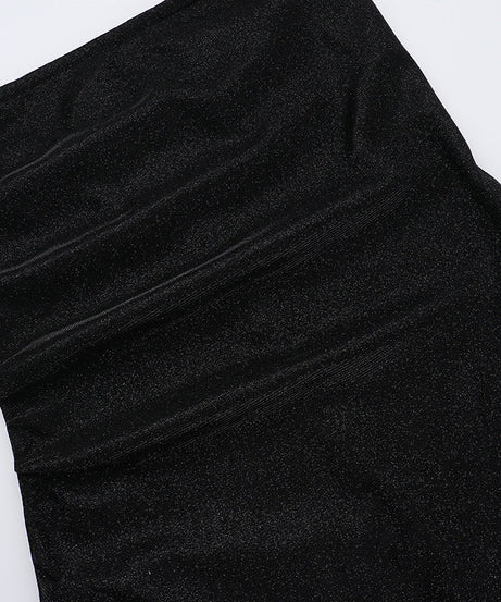 Dazzling Black Sparkle Strapless Maxi Dress with High Slit & Ruffles | Holiday & NYE Glamour