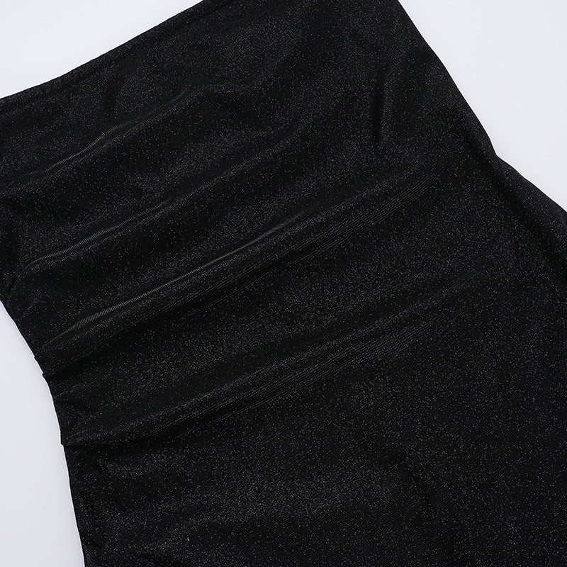 Dazzling Black Sparkle Strapless Maxi Dress with High Slit & Ruffles | Holiday & NYE Glamour