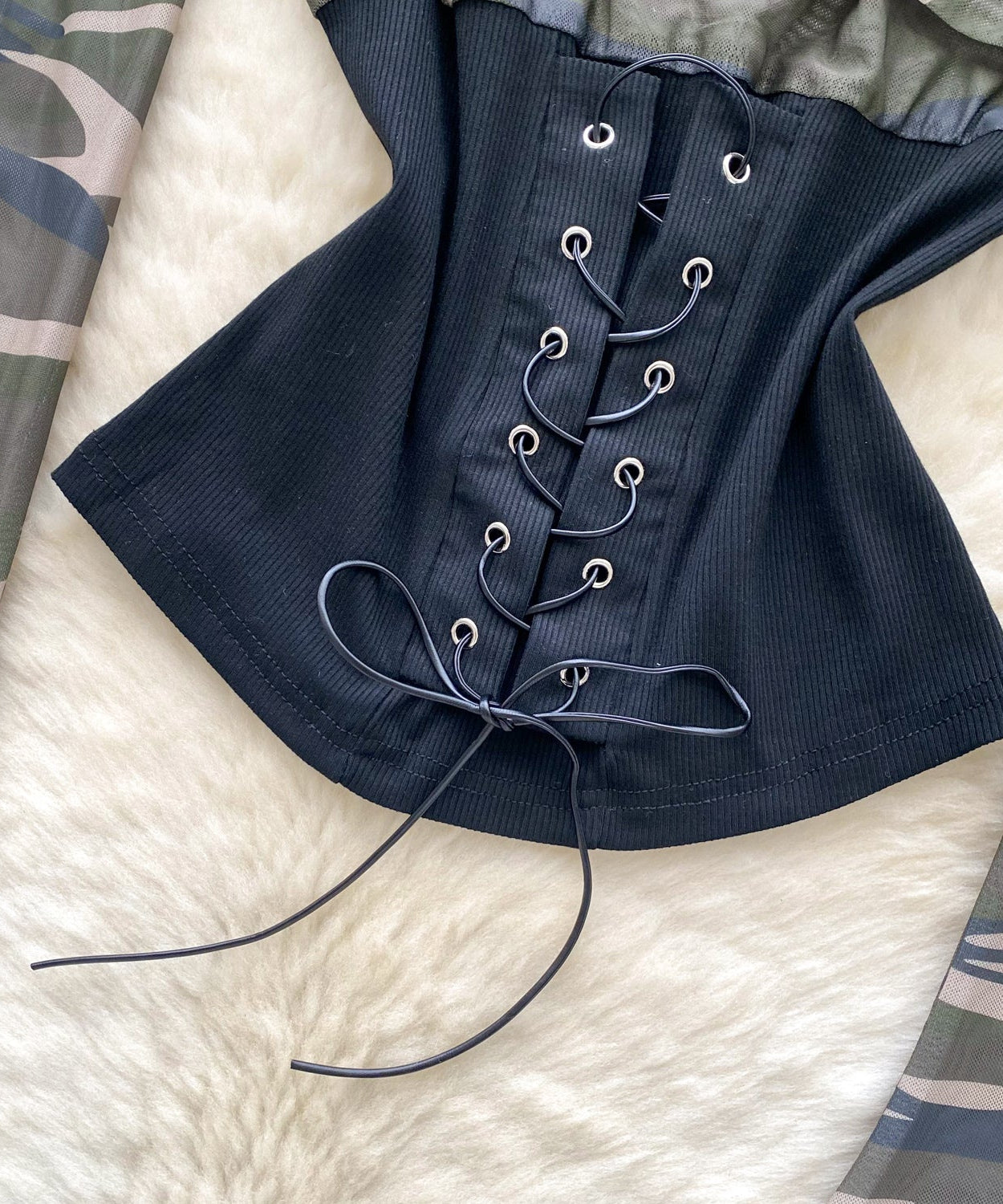 Fierce Fall Nights: 'Badass' Camo Corset Top - Edgy Off-Shoulder Lace-Up Long Sleeve