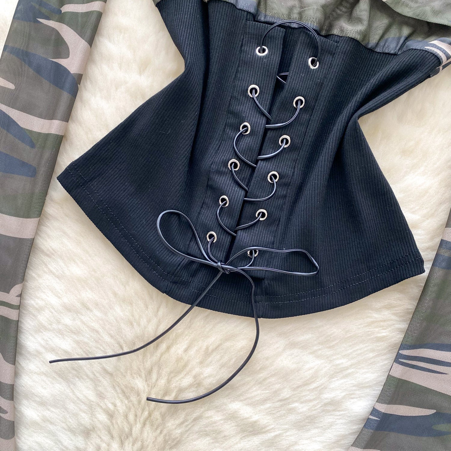 Fierce Fall Nights: 'Badass' Camo Corset Top - Edgy Off-Shoulder Lace-Up Long Sleeve