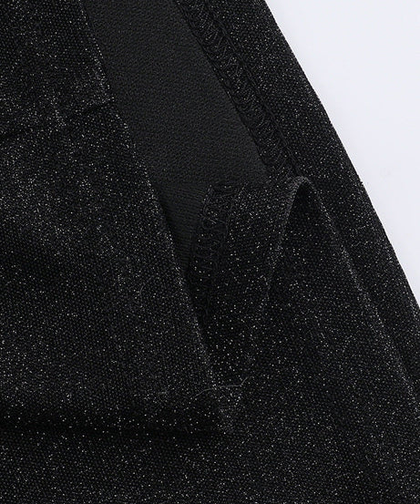 Dazzling Black Sparkle Strapless Maxi Dress with High Slit & Ruffles | Holiday & NYE Glamour