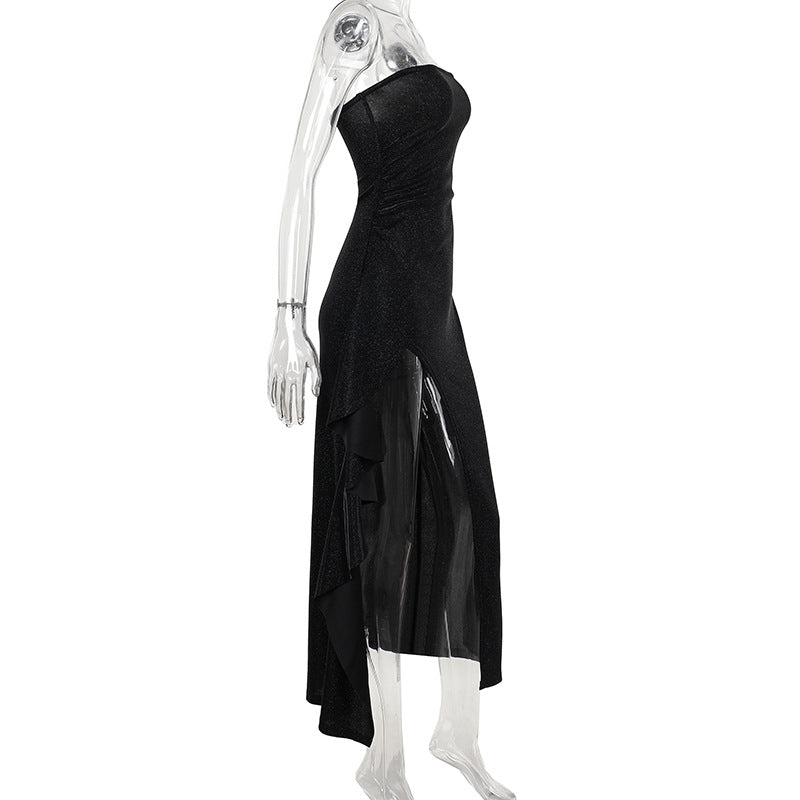 Dazzling Black Sparkle Strapless Maxi Dress with High Slit & Ruffles | Holiday & NYE Glamour
