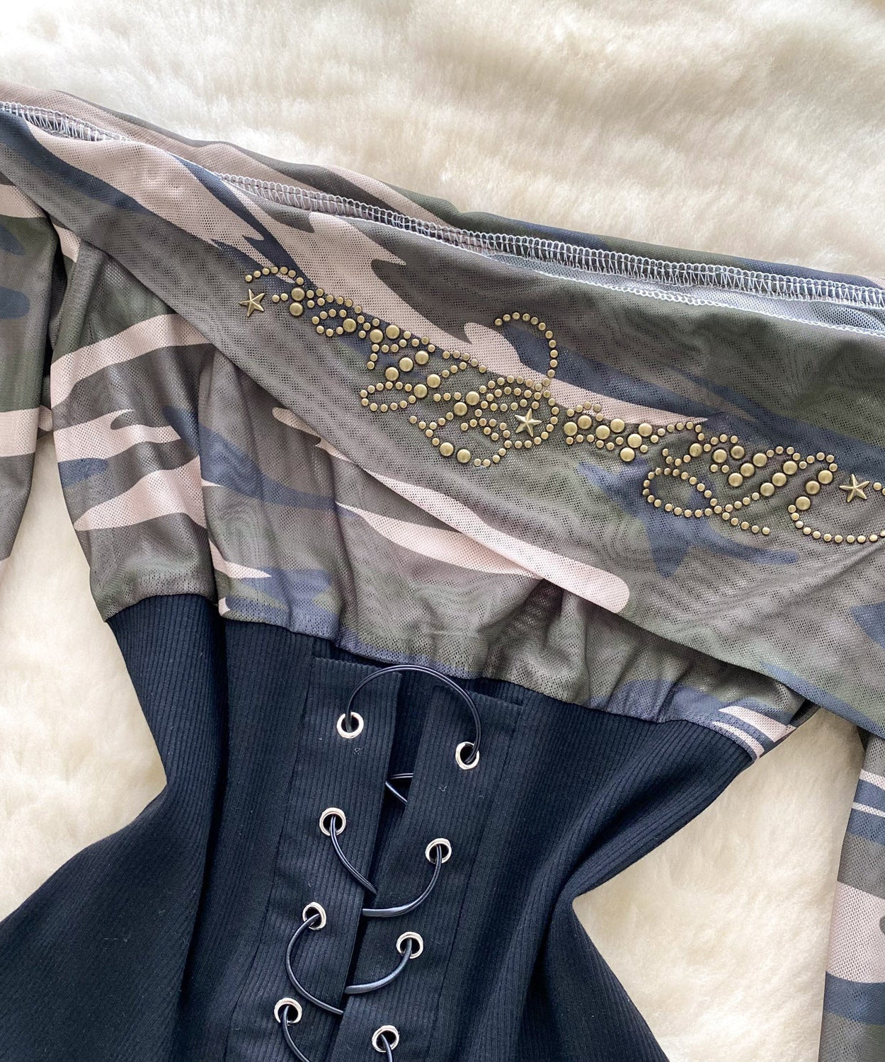 Fierce Fall Nights: 'Badass' Camo Corset Top - Edgy Off-Shoulder Lace-Up Long Sleeve