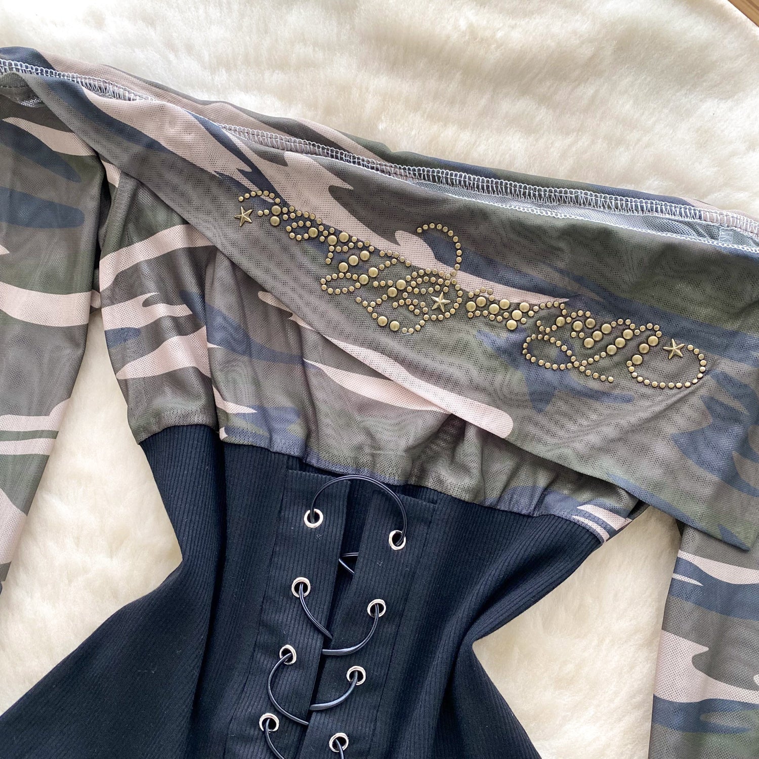 Fierce Fall Nights: 'Badass' Camo Corset Top - Edgy Off-Shoulder Lace-Up Long Sleeve