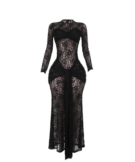 Sultry Black Lace Maxi Dress - Sheer Long Sleeve Bodycon Gown for Fall & Holiday Glamour
