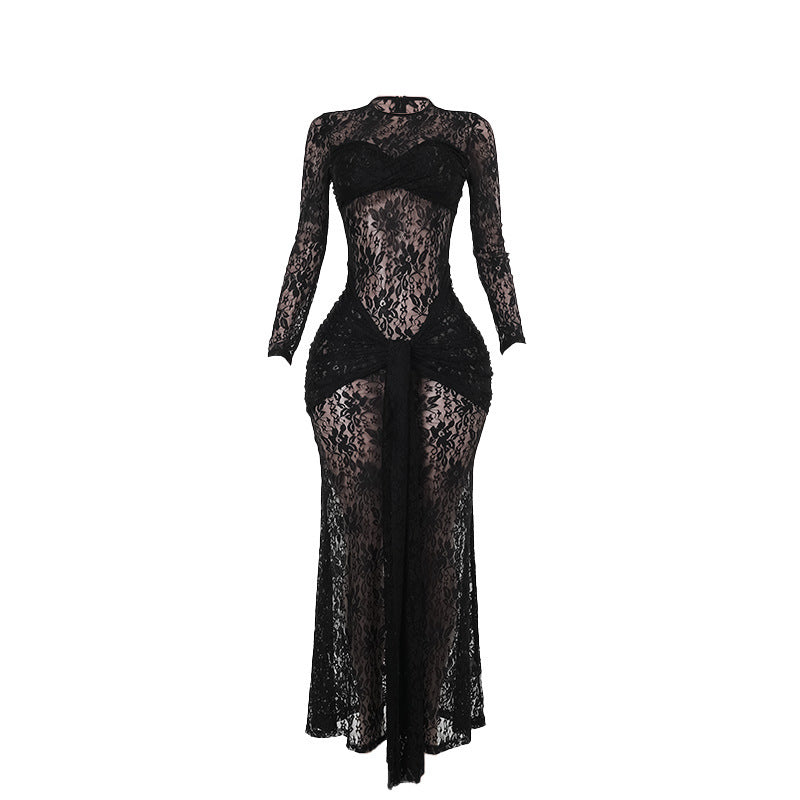 Sultry Black Lace Maxi Dress - Sheer Long Sleeve Bodycon Gown for Fall & Holiday Glamour