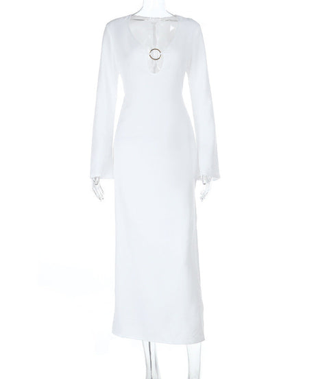 Winter White O-Ring V-Neck Long Sleeve Maxi Dress | Chic Fall & Holiday Essential