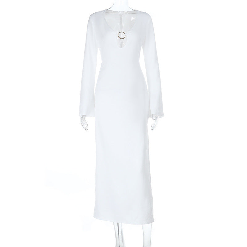 Winter White O-Ring V-Neck Long Sleeve Maxi Dress | Chic Fall & Holiday Essential