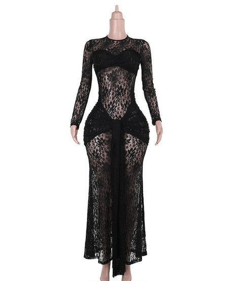 Sultry Black Lace Maxi Dress - Sheer Long Sleeve Bodycon Gown for Fall & Holiday Glamour