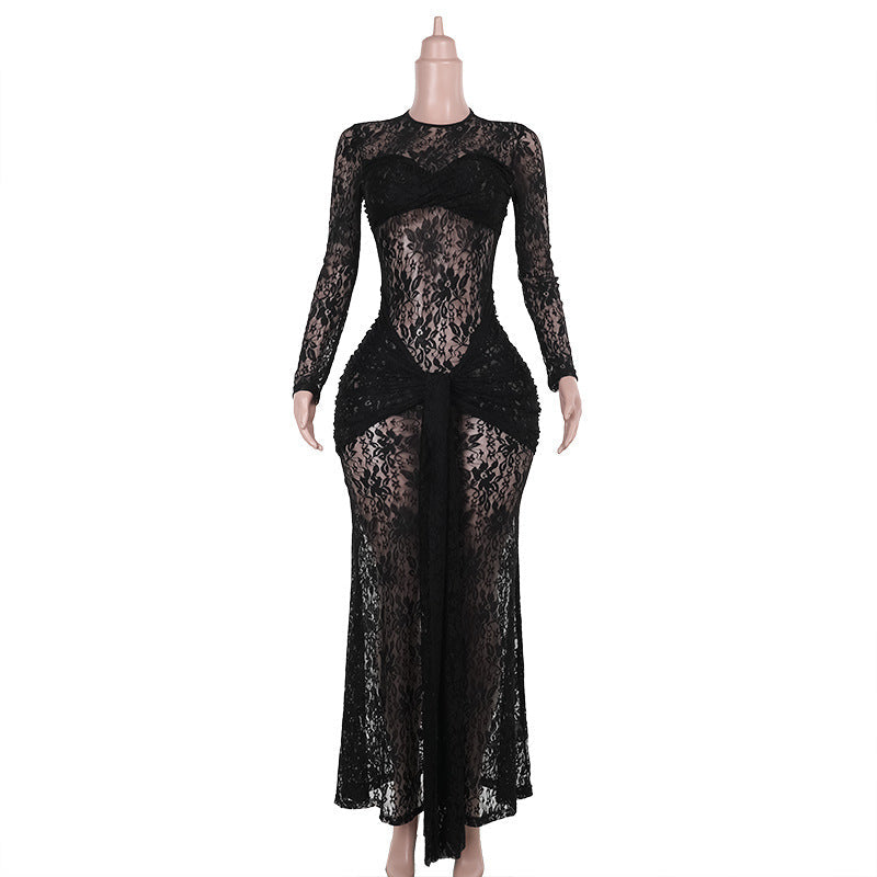 Sultry Black Lace Maxi Dress - Sheer Long Sleeve Bodycon Gown for Fall & Holiday Glamour