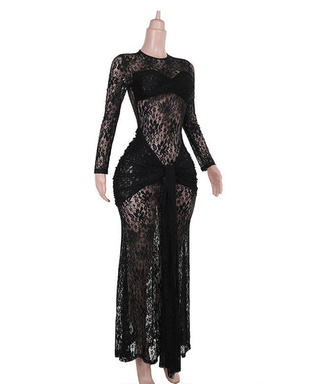 Sultry Black Lace Maxi Dress - Sheer Long Sleeve Bodycon Gown for Fall & Holiday Glamour