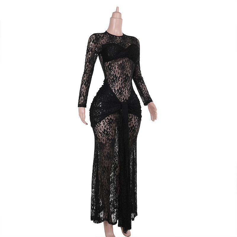 Sultry Black Lace Maxi Dress - Sheer Long Sleeve Bodycon Gown for Fall & Holiday Glamour