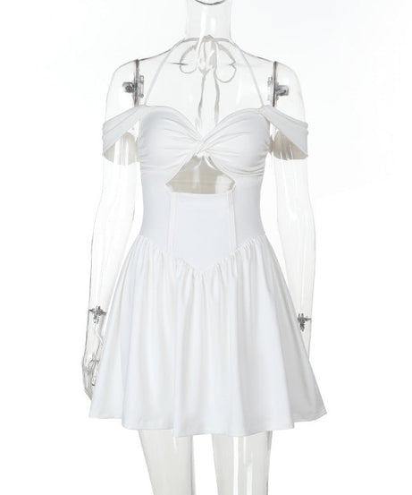 Chic White Halter Off-Shoulder Mini Dress - Trendy Cut-Out for Fall Getaways & Parties