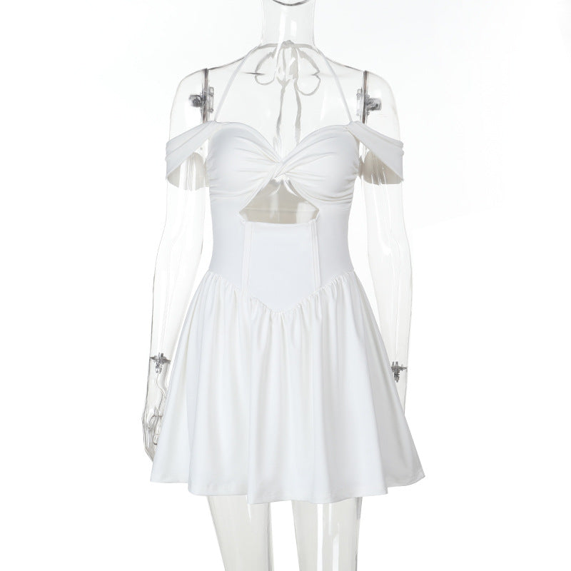 Chic White Halter Off-Shoulder Mini Dress - Trendy Cut-Out for Fall Getaways & Parties