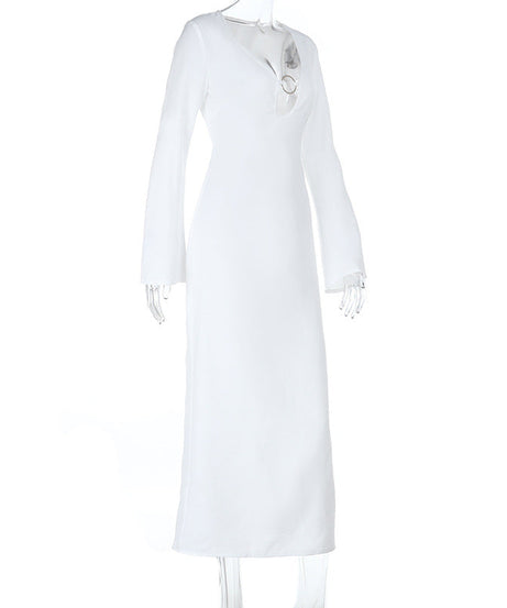 Winter White O-Ring V-Neck Long Sleeve Maxi Dress | Chic Fall & Holiday Essential