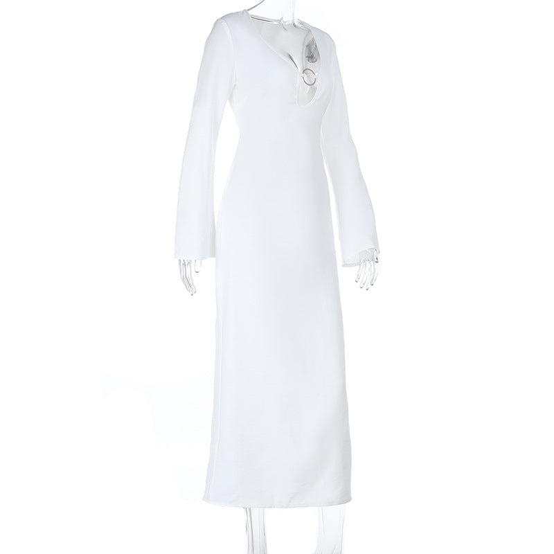 Winter White O-Ring V-Neck Long Sleeve Maxi Dress | Chic Fall & Holiday Essential
