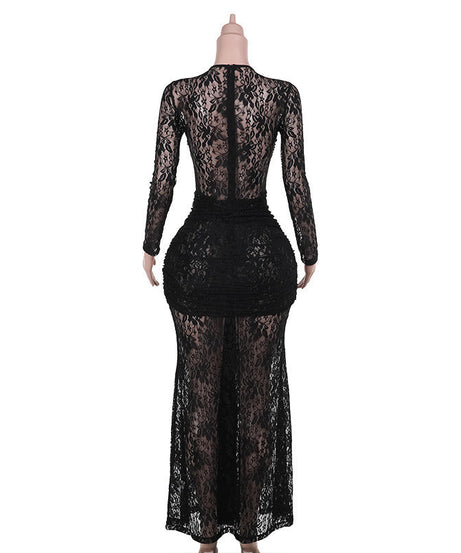 Sultry Black Lace Maxi Dress - Sheer Long Sleeve Bodycon Gown for Fall & Holiday Glamour