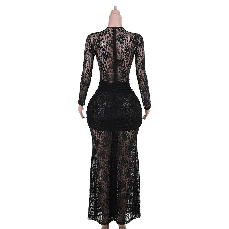 Sultry Black Lace Maxi Dress - Sheer Long Sleeve Bodycon Gown for Fall & Holiday Glamour