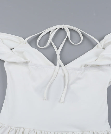 Chic White Halter Off-Shoulder Mini Dress - Trendy Cut-Out for Fall Getaways & Parties