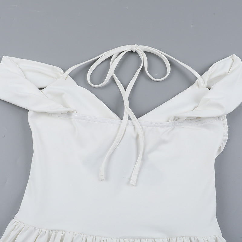 Chic White Halter Off-Shoulder Mini Dress - Trendy Cut-Out for Fall Getaways & Parties