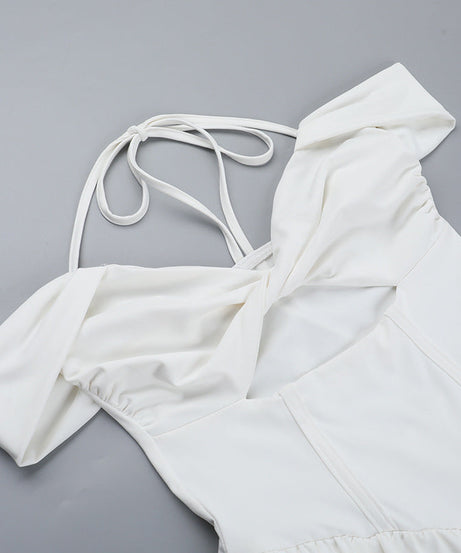 Chic White Halter Off-Shoulder Mini Dress - Trendy Cut-Out for Fall Getaways & Parties