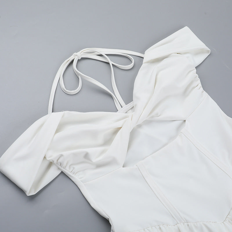 Chic White Halter Off-Shoulder Mini Dress - Trendy Cut-Out for Fall Getaways & Parties