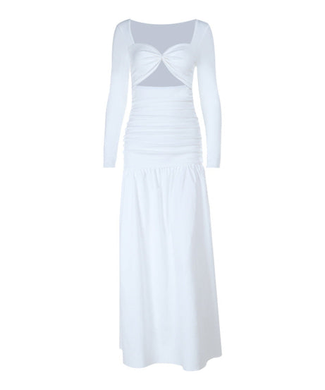 Elegant White Long Sleeve Maxi Dress with Twist Front Cutout & Ruched Waist - Fall Ready Chic
