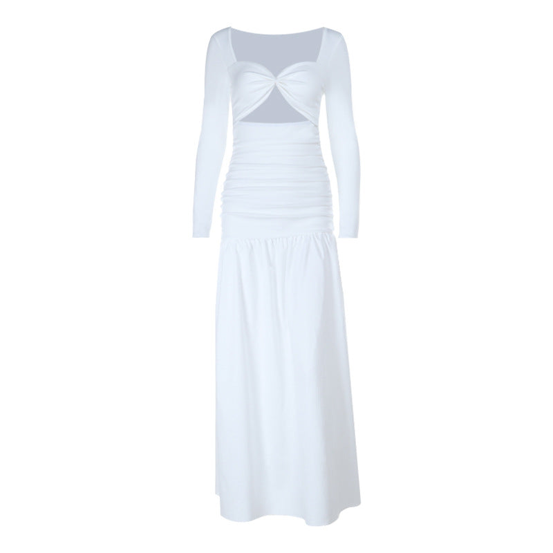 Elegant White Long Sleeve Maxi Dress with Twist Front Cutout & Ruched Waist - Fall Ready Chic
