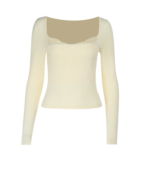 Autumn Chic: Ivory Lace Trim Square Neck Long Sleeve Top - Your Versatile Fall Essential